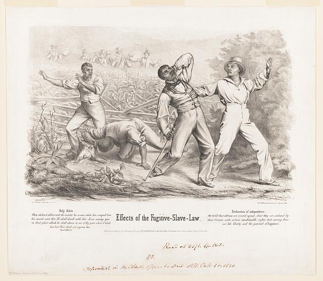 Political cartoon of posse chasing Black men on farm