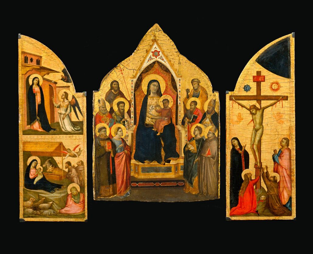 Digital reconstruction of Taddeo Gaddi’s triptych. Left to right: “Annunciation and Nativity,” “Madonna and Child Enthroned with Ten Saints: Maestà,” “Crucifixion” , courtesy the New-York Historical Society 