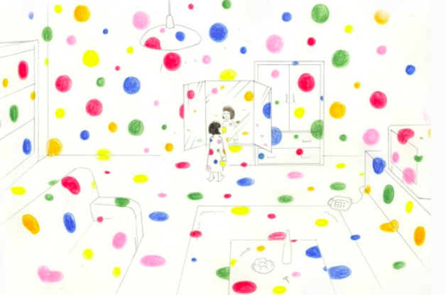 A drawing of a small child covered in rainbow polka dots standing in front of a mirror. The room around her is completely white but sparingly covered with the same rainbow polka dot stickers.