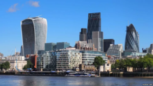 From left to right, the Walkie Talkie, the Leadenhall building, and the Gherkin photographed by Thomas Lane for the BBC