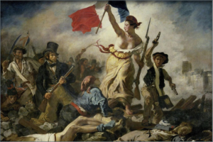 Woman holding French flag in battle