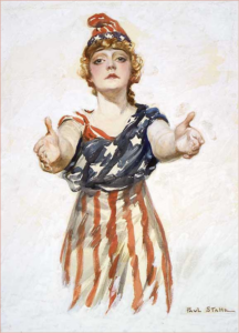 Woman in flag dress reaching out