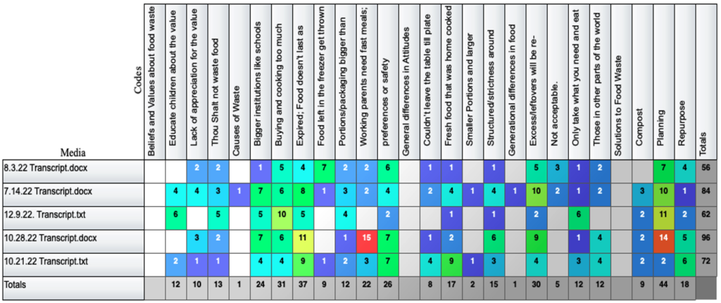 Table describing coded responses from interview transcripts and the number of times each was observed during the interview. Codes include: beliefs about food waste, educate childrent about the value, lack of apppreciation for the value, thou shalt not waste food, causes of waste, biggeer institutions like schools, buying and cooking too much, expired food doesn't last, food left in the freezer doesn't get thrown out, portions and packages bigger than needed, working parents need fast meals, preferences or safety, general differences in attitude, couldn't leave table til plate clean, fresh food that was home-cooked, smaller portions and larger, structure and strictness around, generational differences in food, excessive leftovers will be re-heated, not acceptable, only take what you need and eat it, those in other parts of the world, solutions to food waste, compost, planing, and repurpose.