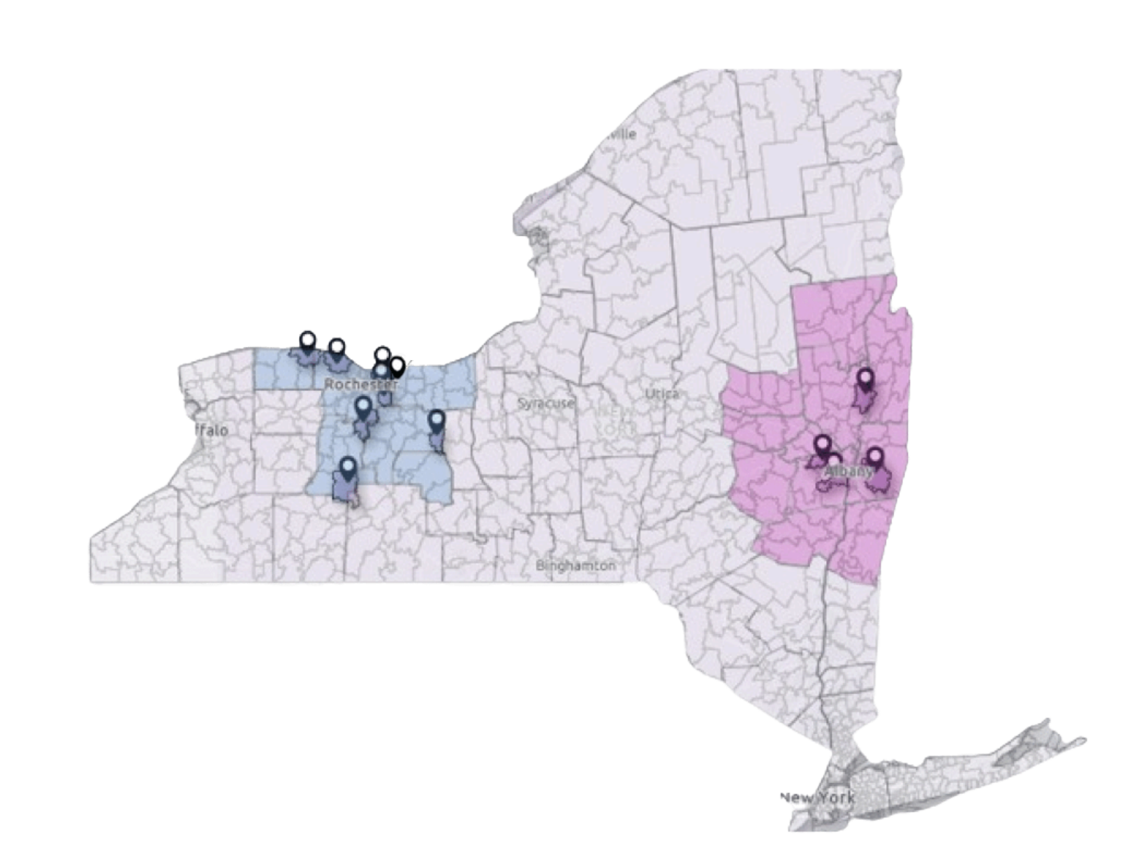 Figure 2 image description: Rochester region highlighted in blue with eight pinpoints and the
Albany region highlighted in pink with four pinpoints. Pinpoints indicate locations of public
school districts that were found to have composting practices.