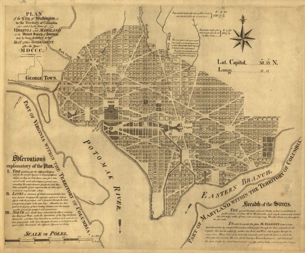 Historic map shows original plans of District of Columbia.