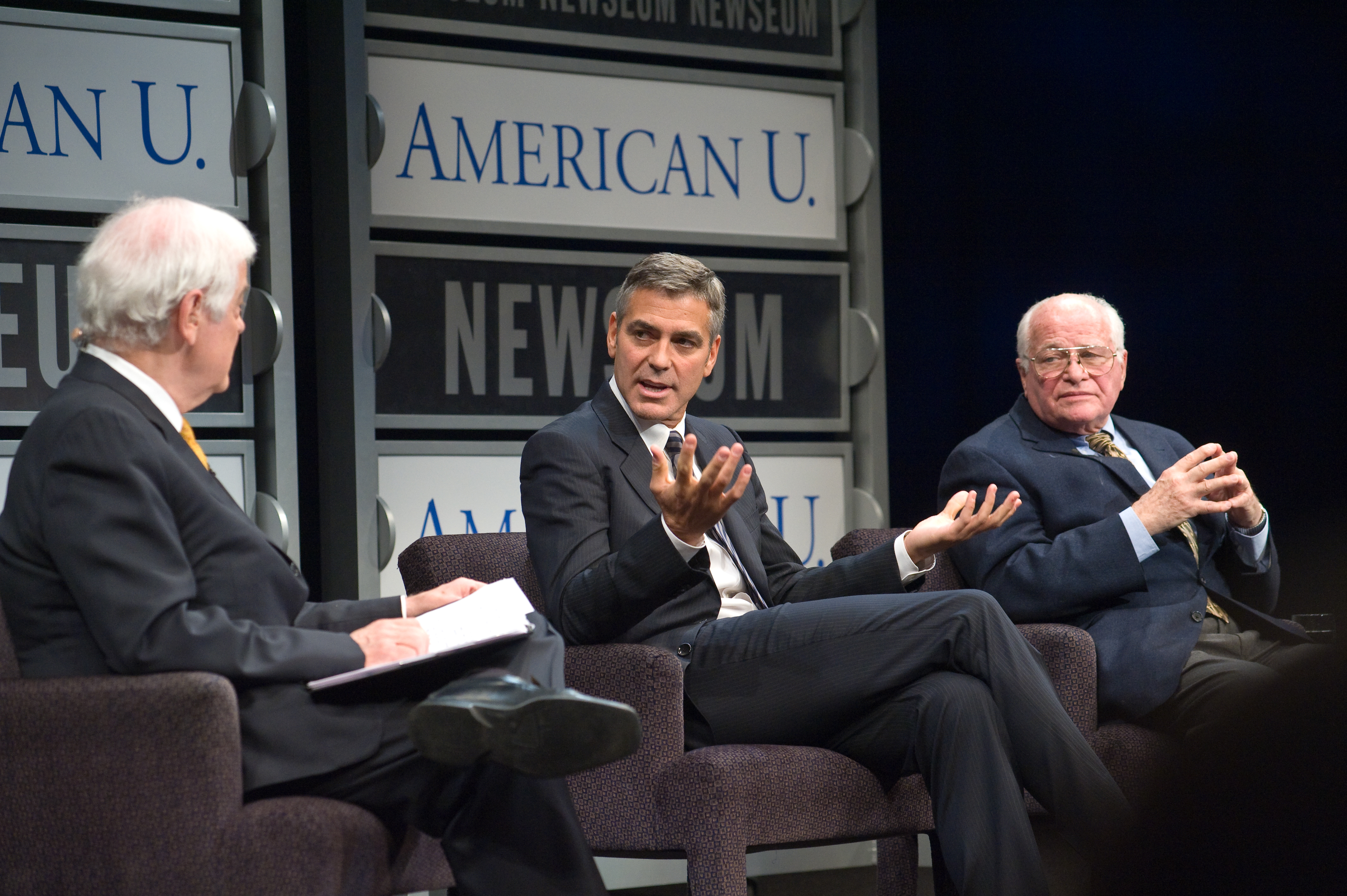 George Clooney, Nick Clooney and Bill Small at Newseum and American University Reel Journalism Festival with Larry Kirkman executive director School of Communication.