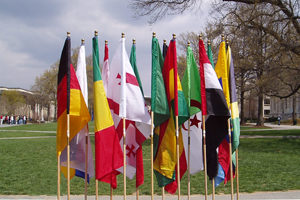 12 international flags on the american university quad