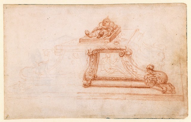 Martin van Heemskirk, Grabmal Sixtus von Antonio Pollaiuolo (Drawing of Sixtus’s Tomb by Antonio Pollaiuolo), c.1532-1536. Red Chalk on Paper, 13.6 x 21.4 cm