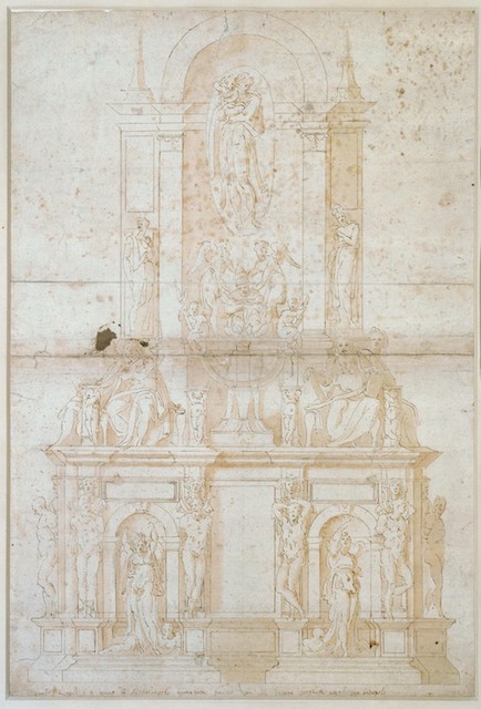Attributed to Giacomo Rocchetti, after Michelangelo Buonarroti, Design for the Tomb of Julius II, 1513, by Michelangelo, ca. 1530-50. Pen and brown ink, color wash, lead stylus on Paper, 57.3 x 38.7 cm. Kupferstichkabinett, Staatliche Museen zu Berlin