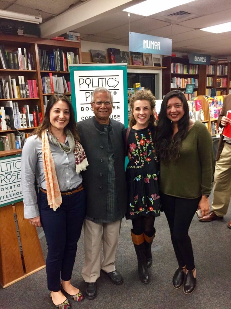 Left to right: Deborah Agustoni, Annea Hapciu (both Cohort 5), and Alessandra Clara (Cohort 3) with Muhammad Yunus