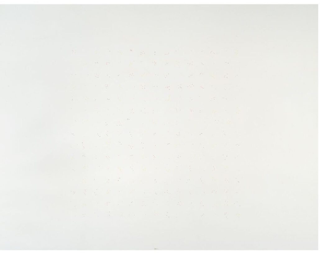White paper covered in clusters of faint ink dots spaced systematically across the piece. Some dots are larger and more visible, some almost entirely invisible.