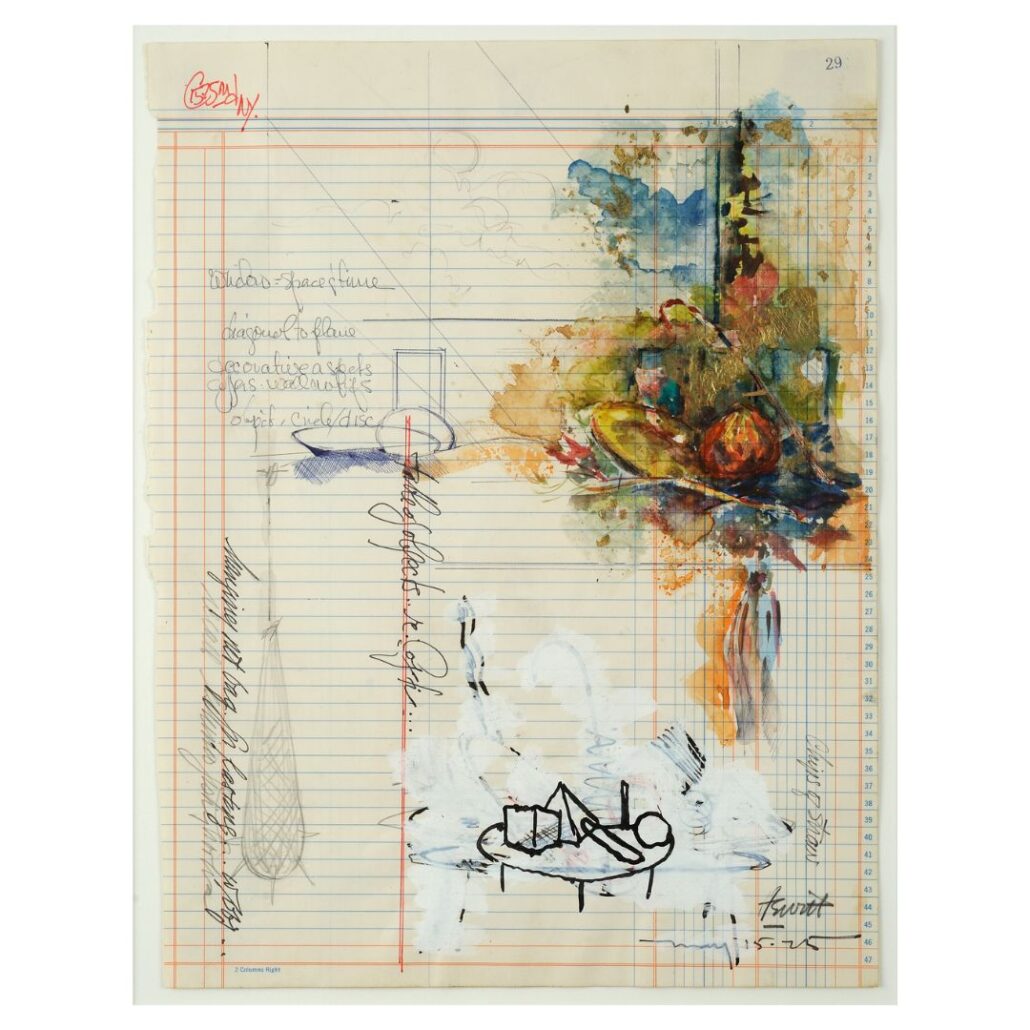 On lined paper, a formation of color on the right side references a still life that is seen from another angle on the bottom of the page in black and white.