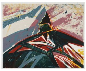 A landscape of a mountain actively erupting. Red and yellow lines break through the mountain as though its lava.