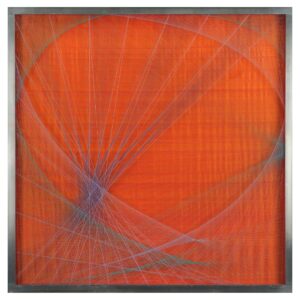 Underneath a square framed plexiglass, a geometric construction of string suspended above an orange background. Strings overlap, creating web-like structures while others form grid-like patterns.