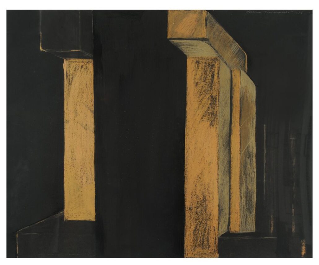 Two three-dimensional, yellowish-brown block figures sketched atop a heavy black paper background. Figure on the right is rotated slightly for a sidelong view of two long rectangular standing blocks with another block laying horizontally on top of them.