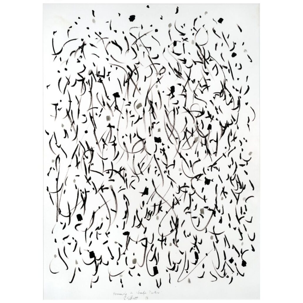 White paper almost fully filled with abstract black and gray ink strokes that alternate between short and long curved lines and large circles. Elliott’s signature and title are written in pencil at the bottom.