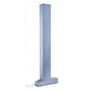 A ceiling-height, slim, silver-blue, crisscross-textured rectangular prism intersects a short, identically colored and textured rectangular prism base at a ninety-degree angle.