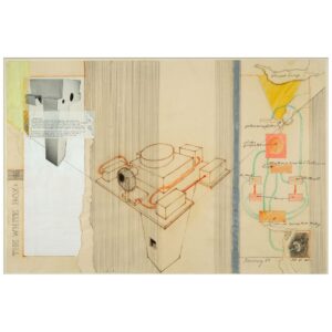 The same rectangular sculpture with a circle on one side shown three times: a photograph with text across it, a brown and orange line drawing, and an electronic diagram with green wires connecting orange rectangles and a yellow cone as a projector beam.