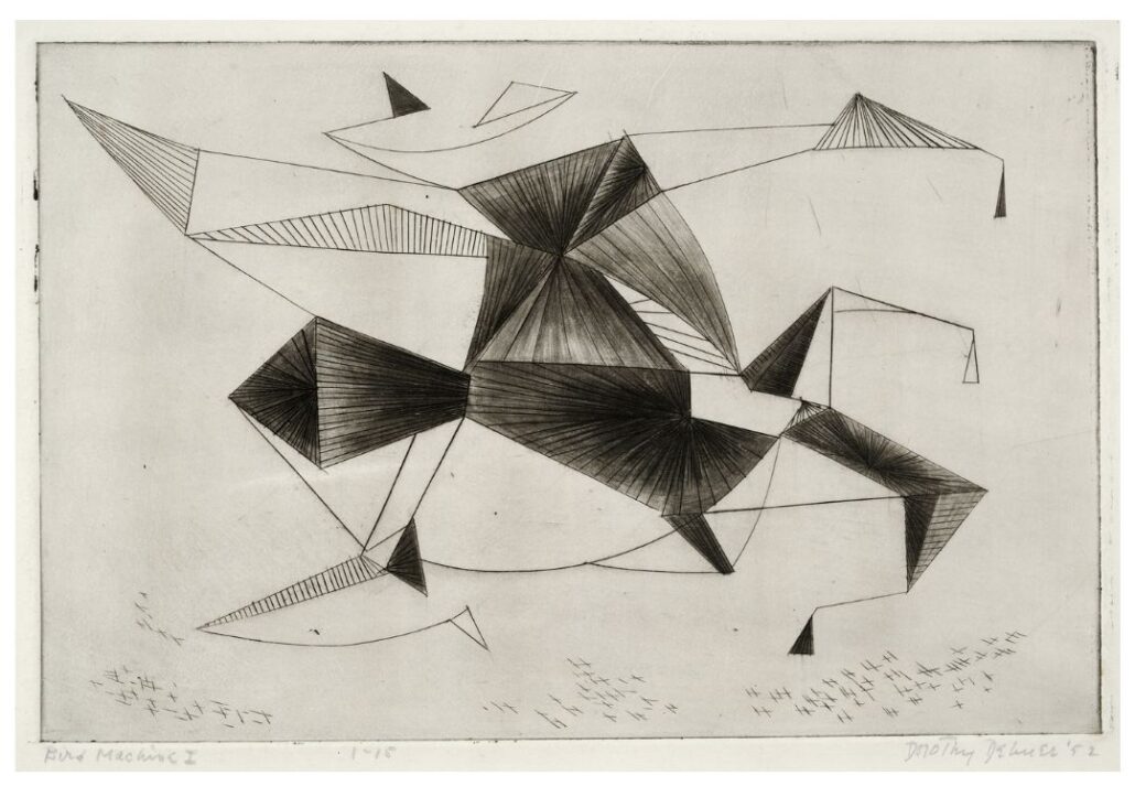 A black ink etching reminiscent of two geometric birds. Some black ink has spilled onto the matting.