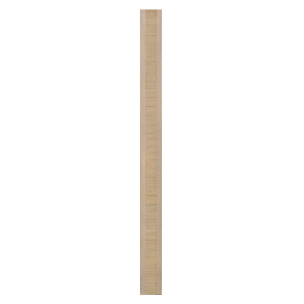 Daniel Brush's Painting #2 (1973) is a narrow eight-foot-tall canvas, that is divided into three sections. The middle section consists of beige horizontal lines painted closely together that repeat over and over again. The beige hues alternate between cool and warm tones.