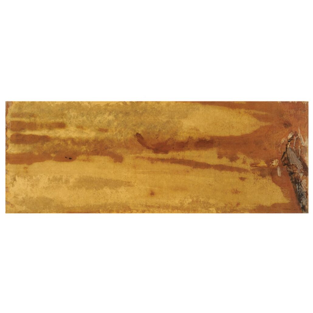 Trails of warm toned brown oil spread across the length of the rectangular work. Air pockets bubble around the edges and the Masonite has buckled and wrinkled underneath the Plexiglas.