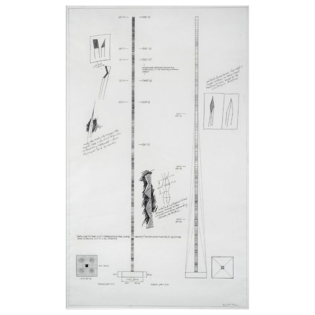 Two slender, vertical black ink rectangles side by side, with labels marking measurement and description. Additional drawings of details show angular, zig-zag forms accompanied by descriptions and numerical scales.