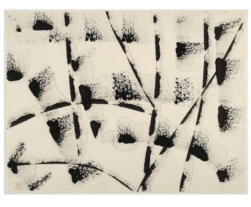 Splatters of black ink arranged in crisscrossing patterns, bordered by jagged lines in blue ballpoint pen, set against off-white paper.