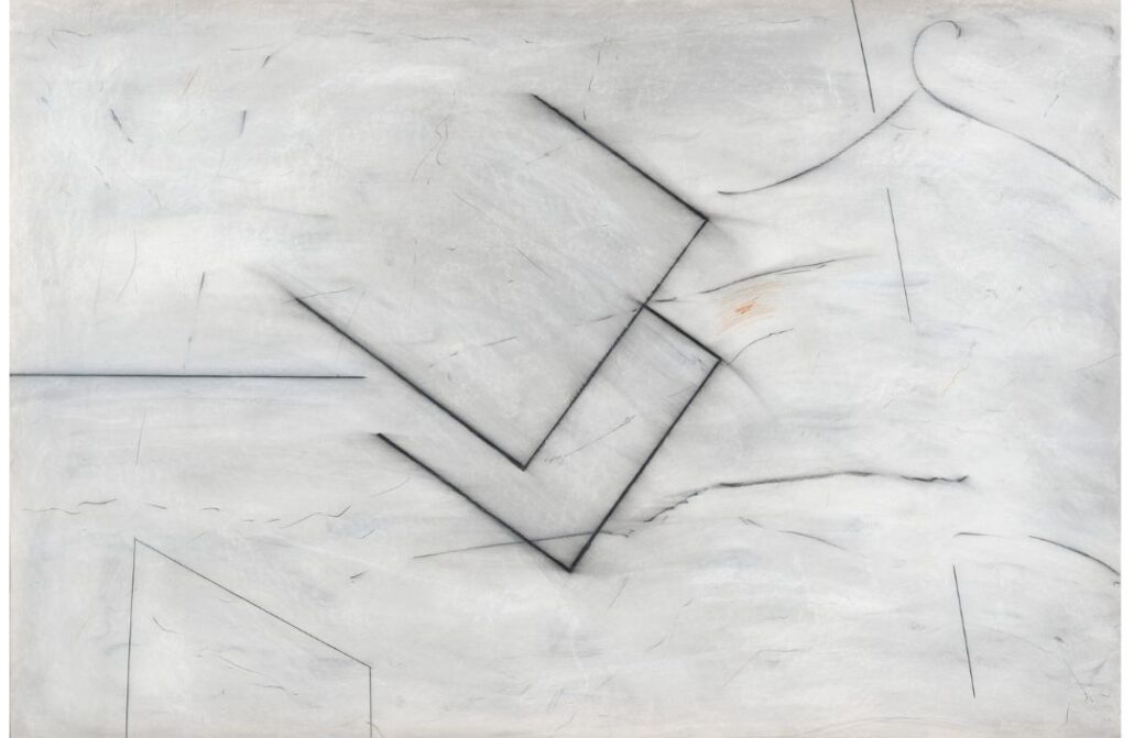 Various black lines spread across a white canvas shaded in gray with the most pronounced, bracket shaped lines in the center of the work. Small details of color shaded in around the black lines.