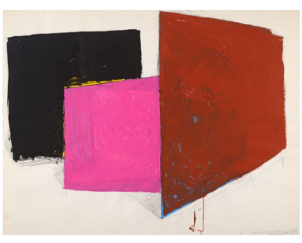 A three-dimensional magenta geometric shape is framed on either side by a brown and a black plane. The paper is lightly smudged, wrinkled, and stained.