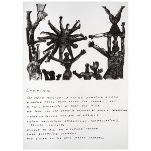 A lithograph showing several monochrome figures engaging with one another. An expressive text by Otto Piene is beneath the figures.