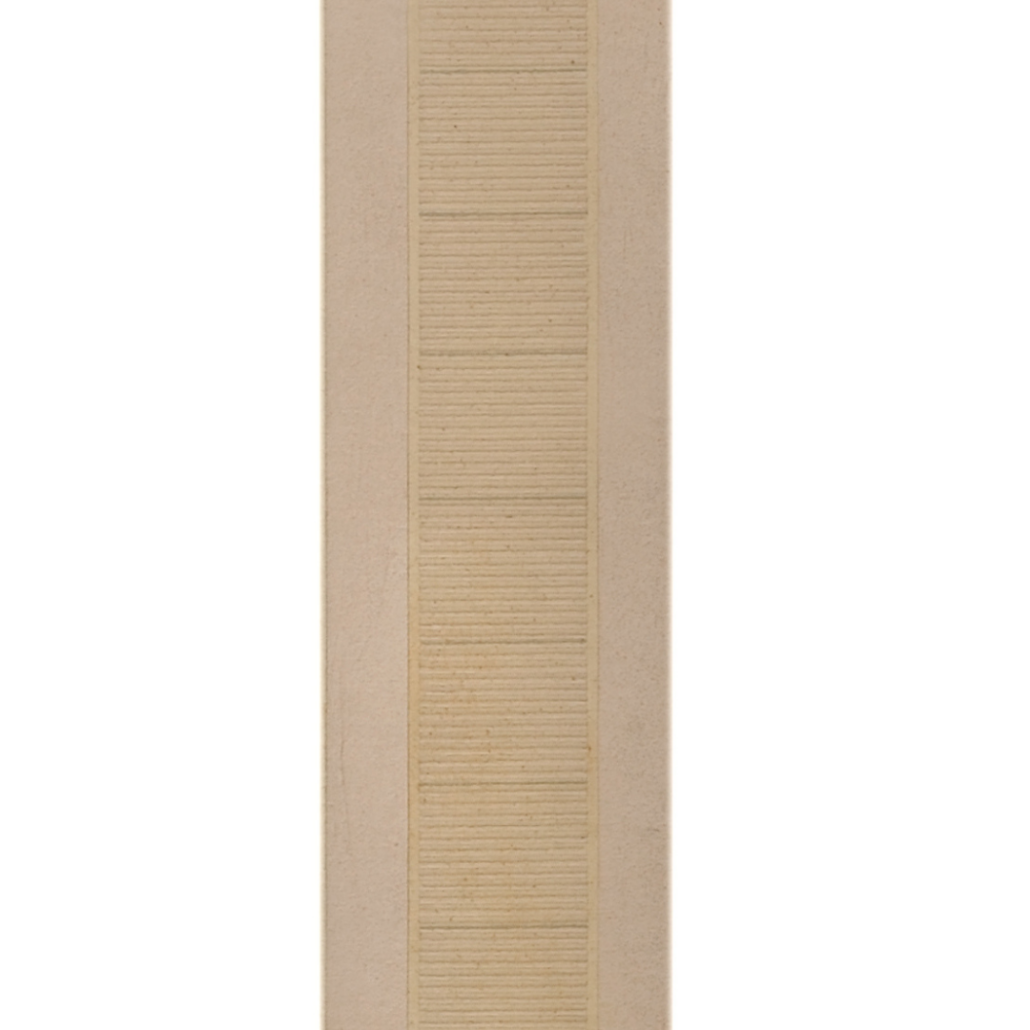 Daniel Brush's Painting #2 (1973) is a narrow eight-foot-tall canvas, that is divided into three sections. The middle section consists of beige horizontal lines painted closely together that repeat over and over again. The beige hues alternate between cool and warm tones.