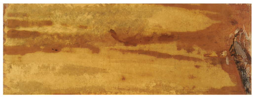 Trails of warm toned brown oil spread across the length of the rectangular work. Air pockets bubble around the edges and the Masonite has buckled and wrinkled underneath the Plexiglas.