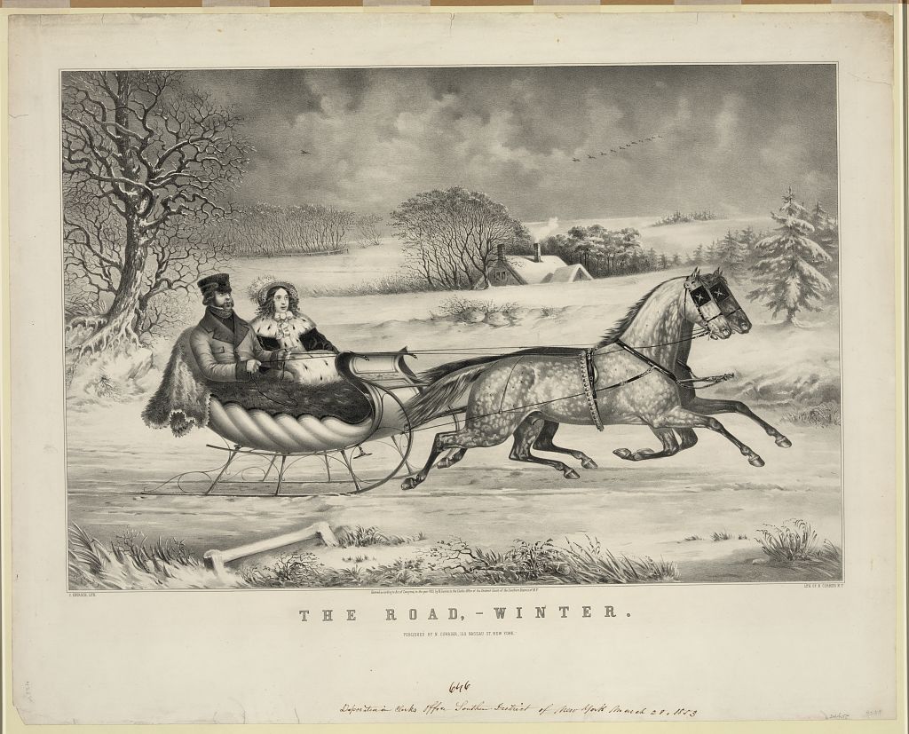 lithograph of man and woman in horse-drawn sleigh