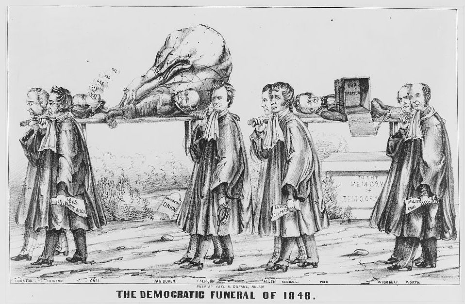 cartoon portraying presidential candidates of 1848 as a funeral