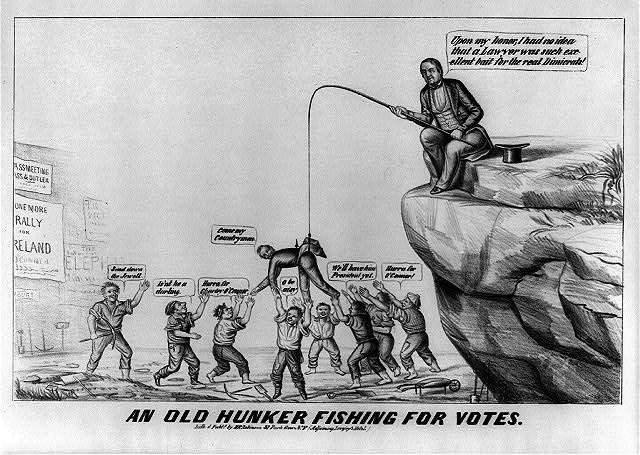 Cartoon of man holding fishing pole over group of men