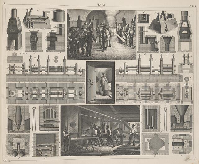 illustrations of machines, some with people operating them