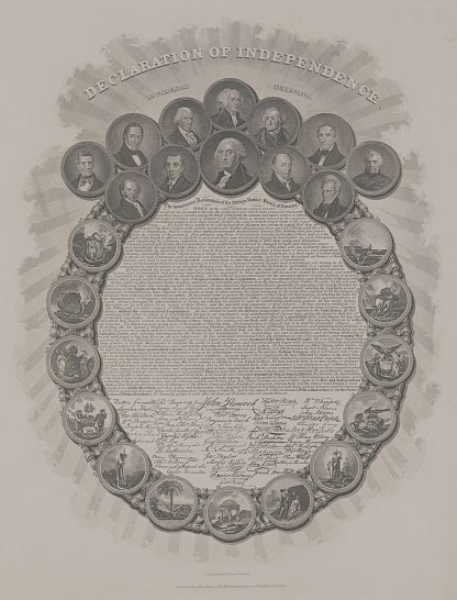 Declaration of Independence text with portraits of presidents