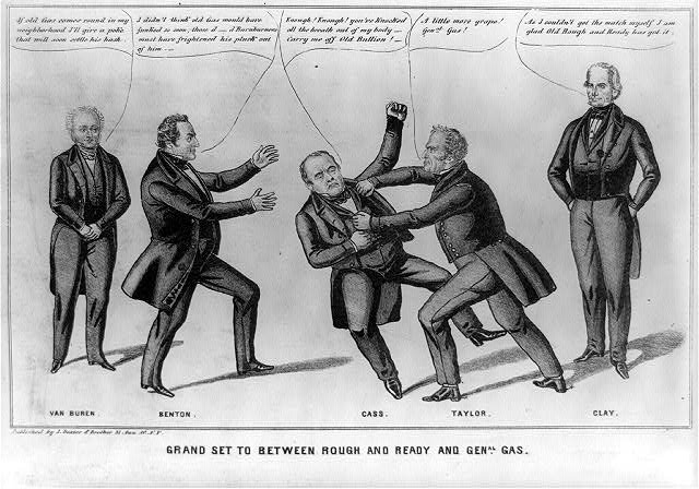 cartoon portraying five men; two of them, labeled "Cass" and "Taylor," are fighting