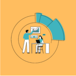 graphic of two professionals working on a project and looking at data graphs