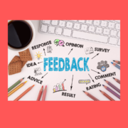 Desk scene with keyboard, coffee cup, colored pencils with Feedback diagram