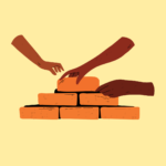Arms of three people construct brick pyramid